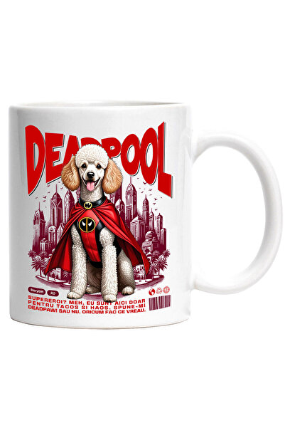 StoryGift Romania Cana cu Pudel / Poodle Caine In Costum de DeadPool cu Pelerina, Erou Nocturn, De, Cu Maner Alb STG
