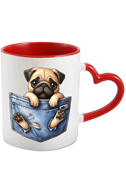 StoryGift Romania Cana cu un catel Pug care a rupt un buzunar | ilustratie | putin speriat | frico, Cu Maner Inim STG