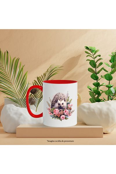 StoryGift Romania Mug with a hedgehog in nature | illustration | curious | flowers | pink | leaves | ie, Cu ,STG