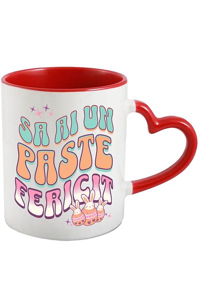 StoryGift Romania Cana cu Oua Colorate Cu Iepuri Albi, design Multicolor Text Sa Ai Un Paste feric, Cu Maner Inim STG