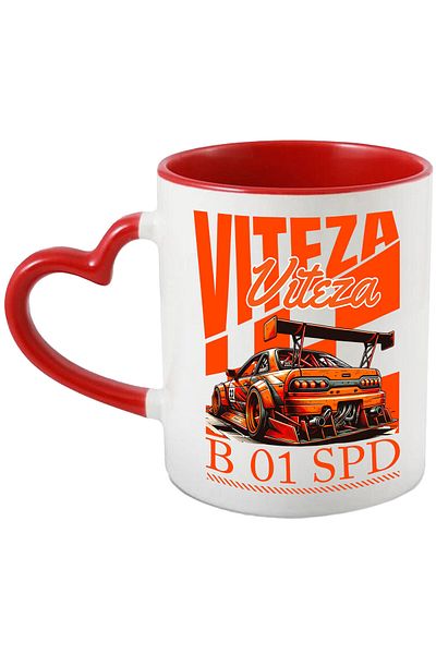 StoryGift Romania Cana cu Masina Portocalie De Curse Numar 32 Viteza Text B 01 SPD, Ceramica, 330M, Cu Maner Inim STG