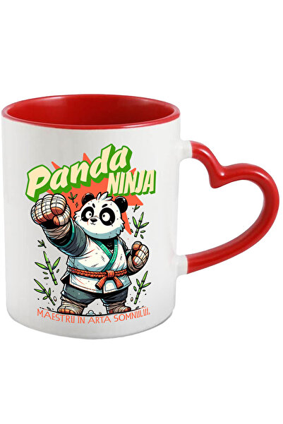 StoryGift Romania Cana Panda Ninja-Maestru in arta somnului, 330ml, Ceramica cu Maner Inima Rosie, Cu Maner Inima STG