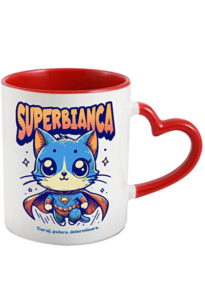 StoryGift Romania Cana Super Bianca, SuperErou, Pisica Zburand, 330ml, Ceramica cu Maner Inima Ros, Cu Maner Inim STG