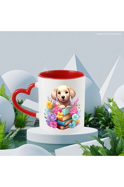StoryGift Romania Mug with a puppy that has many books in front of it | illustration | flowers | a book often, With ,STG.