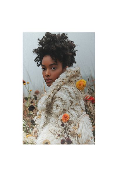 StoryGift Romania Canvas Painting Girl in a Field of Flowers Dressed in a Woolen Coat - Yellow Flowers, Orange Flowers