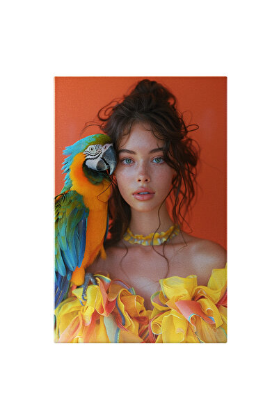 StoryGift Romania Tablou Canvas Papagalul Colorat Care Sta Pe Umarul Fetei Cu Ochii Albastri Si Rochita Galbena