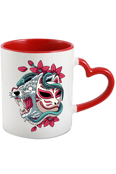 StoryGift Romania Cana Cu Sarpe, Floare, Lup, Masca, Multicolor 330 ml, Ceramica cu Maner Inima Ro, Cu Maner Inim STG