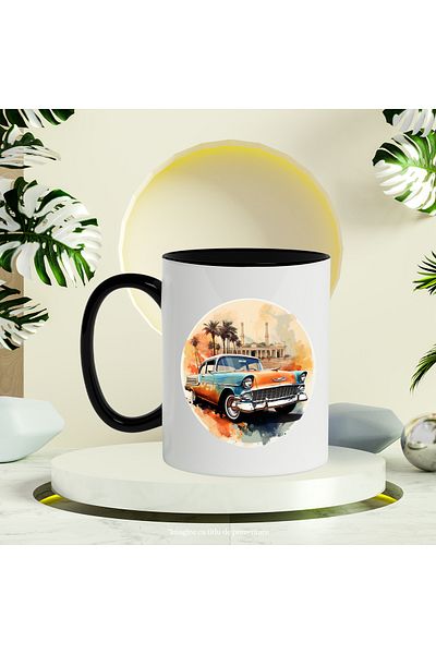 StoryGift Romania Mug With Car, Retro, Vintage, Palm Trees, Circle, Building, Multicolor 330 ml, Wax, With ,STG