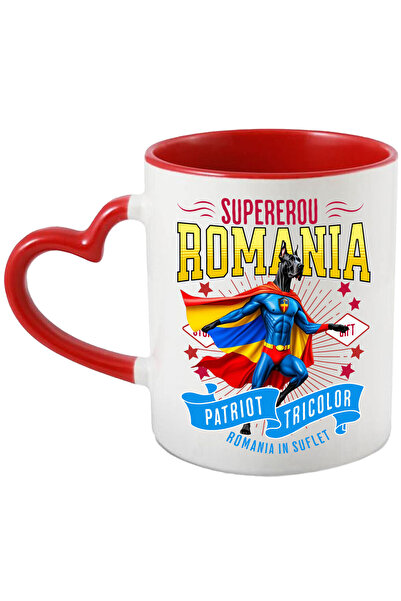 StoryGift Romania Mug with German Dog / Great Dane Dog in Captain Romania Costume with Cape, , With Heart Handle STG