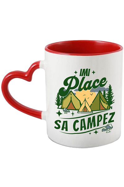 StoryGift Romania Cana imi place sa campez cort in natura aventura padure , 330ml, Ceramica cu Man, Cu Maner Inim STG