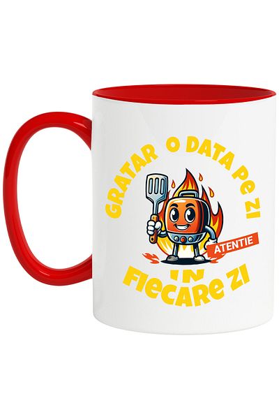 StoryGift Romania Cana cu Gratar Cu Paleta Vesel Flacari Distractie Text Haios Gratar O Data Pe Zi, Cu Maner Rosu STG