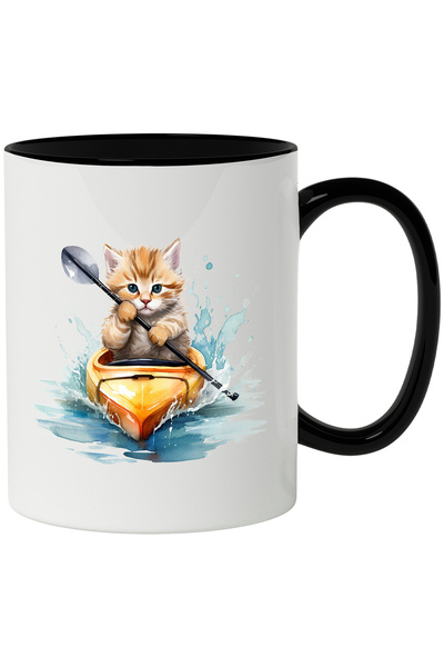 StoryGift Romania Cana Cu Pisica, Vasla, Apa, Caiac, Sport, Animal, Ilustratie, Multicolor 330 ml,, Cu Maner Negru