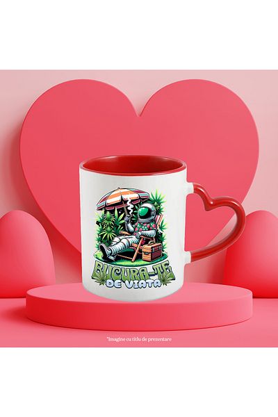 StoryGift Romania Smoking Astronaut Mug - Enjoy Life, 330ml, Ceramic With Red Heart Handle, With, left