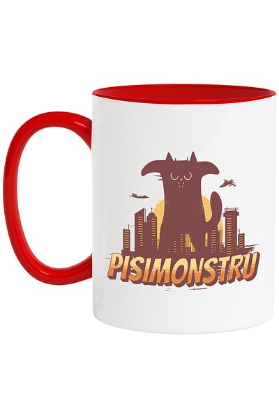 StoryGift Romania Cana cu Pisica imensa Neagra Text PisiMonstru. Animal Blanos Iubitorii De Motani, Cu Maner Rosu STG