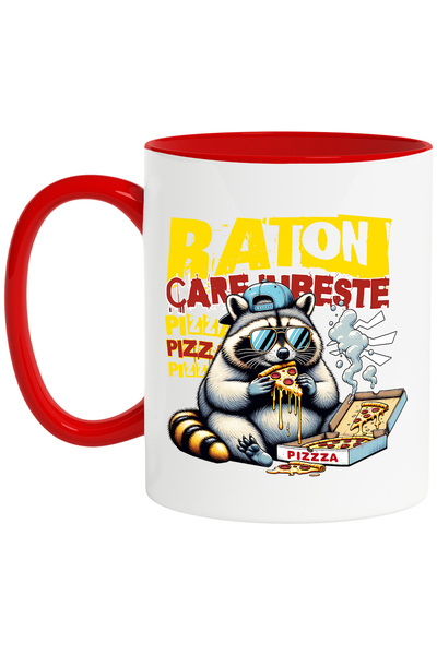 StoryGift Romania Cana Animal raton cu sapca care iubeste pizza, 330ml, Ceramic cu Maner Rosu, Cu Maner Rosu STG