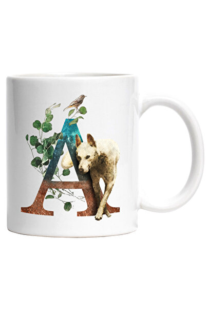 StoryGift Romania Cana Cu Catel, Litera, A, Pasare, Fruze, Multicolor 330 ml, Ceramica cu Maner Al, Cu Maner Alb