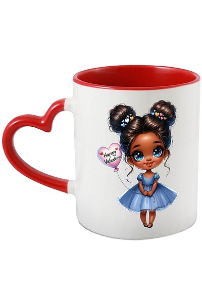 StoryGift Romania Cana cu o fetita de culoare | draguta | ilustratie | rochie albastra | Valentine, Cu Maner Inim STG