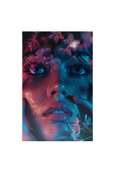 StoryGift Romania Tablou Canvas Fața Udă De Rouă Înconjurată De Flori - Lumini Roz Și Albastre , Ochi Albaștrii