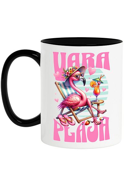 StoryGift Romania Famingo Pink Pasha Mug With Floral Hat Cocktail Relaxation Text Summer Beach, C, With Black Handle STG