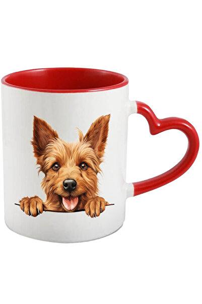 StoryGift Romania Cana cu un catel fericit care se uita peste gard | ilustratie | veselie | maro |, Cu Maner Inim STG