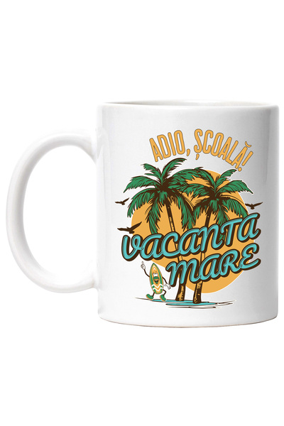 StoryGift Romania Cana Vacanta mare! Adio, școala! insula tropicala , 330ml, Ceramic cu Maner Alb, Cu Maner Alb STG