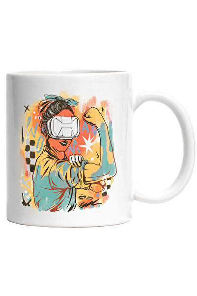 StoryGift Romania Cana Cu Ilustratie Abstracta, Femeie, Retro, Ochelari VR, Multicolor 330 ml, Cer, Cu Maner Alb