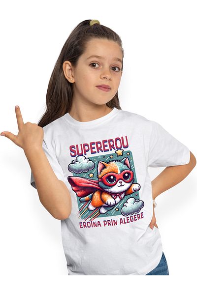 StoryGift Romania Tricou Copii Fete Super Erou, SuperErou, Eroina Prin Alegere 100% Bumbac, Unisex, Alb, 12