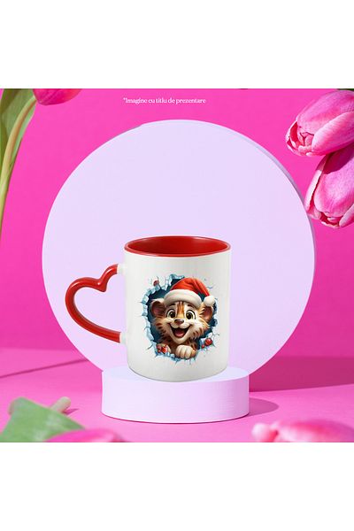 StoryGift Romania Mug with a tiger cub wearing a Christmas hat sticking its head out of a hole and, With ,STG