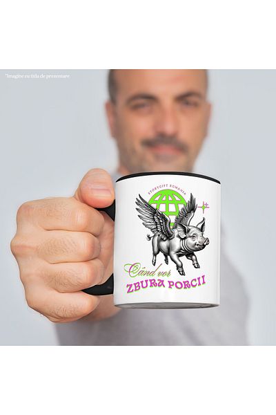 StoryGift Romania Mug Flying Pig text When pigs will fly, 330ml, Ceramic with Black Handle, With Handle, STG