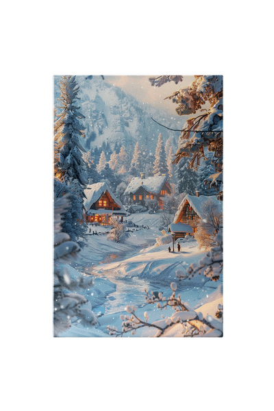 StoryGift Romania Tablou Canvas 100 x 70CM Peisaj de Iarna cu Casute Inzapezite si Luminate, Brazi - Fotografi STG