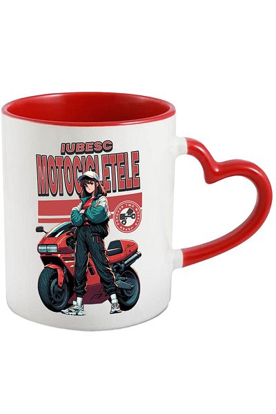 StoryGift Romania Cana cu Fata Animata Cu Sapca Tinuta Sport Motor Rosu Sport Viteza Text Iubesc M, Cu Maner Inim STG