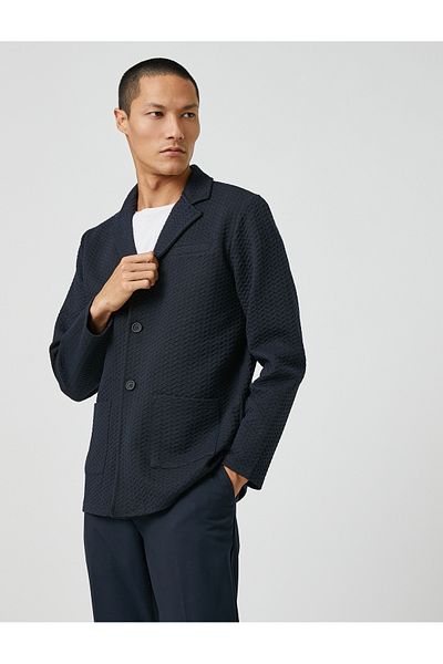 Koton Basic Textured Jacket Wide Collar Buttoned Pocket Detailed