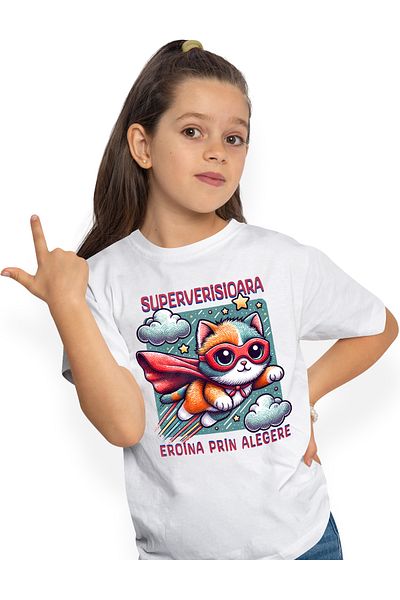 StoryGift Romania Tricou Copii Fete Super Verisioara, SuperErou, Eroina Prin Alegere 100% Bumbac, Unisex, Al