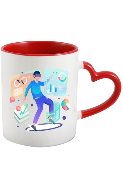 StoryGift Romania Cana Cu Ochelari VR, Moneda, Bani, Financiar, Grafic, Virtual, Multicolor 330 ml, Cu Maner Inim STG