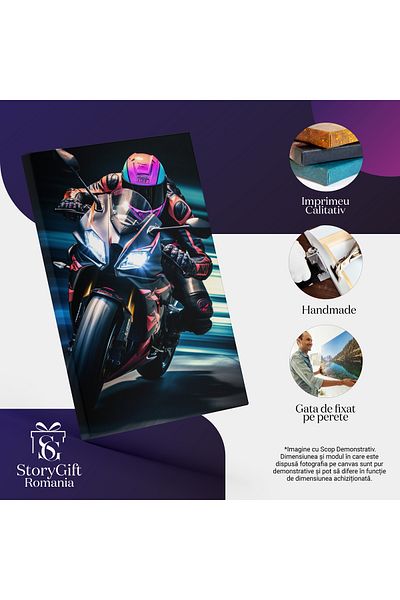 StoryGift Romania Tablou Canvas: Motociclist Cu Casca Mov-albastra Pe Motocicleta Colorata Cu Viteza Luminii Pe