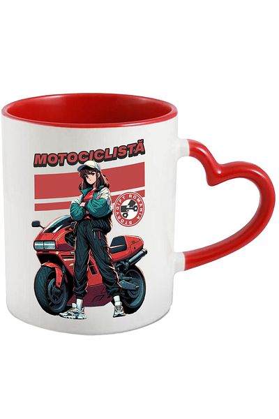 StoryGift Romania Cana motociclista fata langa motor rosu viteza, 330ml, Ceramica cu Maner Inima R, Cu Maner Inim STG