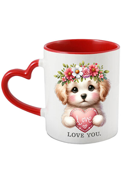 StoryGift Romania Cana cu un catelus care tine o inimioara pe care scrie "Lov...