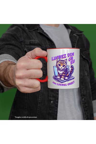 StoryGift Romania Laptop Cat Mug with funny message _I work hard_, 330ml, Ceramic with Red Handle, With ,STG