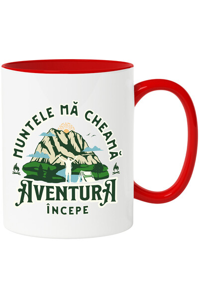 StoryGift Romania Cana cu Munte Inalt Silueta barbat Cu Cortul Text Muntele ma Cheama Aventura Inc, Cu Maner Rosu STG