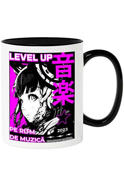 StoryGift Romania Cana Level up pe ritm de muzica fata stil anime joc , 330ml, Ceramica cu Maner N, Cu Maner Negru STG