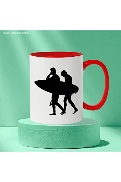 StoryGift Romania Mug with 2 people getting ready for surfing with Red Handle, With Red Handle STG,S,STG.