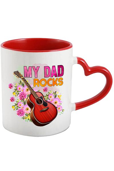 StoryGift Romania Mug with a guitar with the message "My dad rocks", flowers, dad, illustration, music, me, With Heart Handle STG