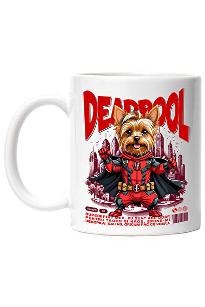 StoryGift Romania Cana cu Yorkshire Terrier Caine In Costum de DeadPool cu Pelerina, Erou Nocturn,, Cu Maner Alb STG