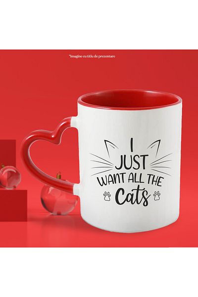 StoryGift Romania Mug with illustration showing cat ears and the message "I just want all the cats, With ,STG .