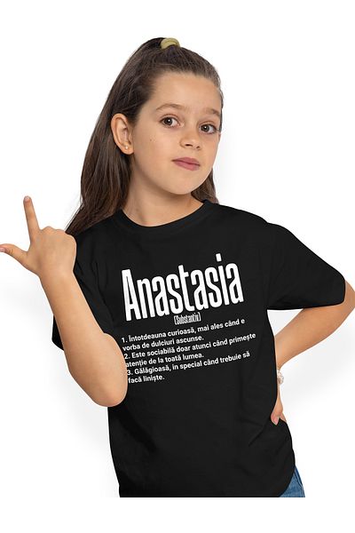 StoryGift Romania Tricou Copii Fete Cu Numele Anastasia, si Mesaj Amuzant, Curioasa, Sociabila, Galagioasa 1