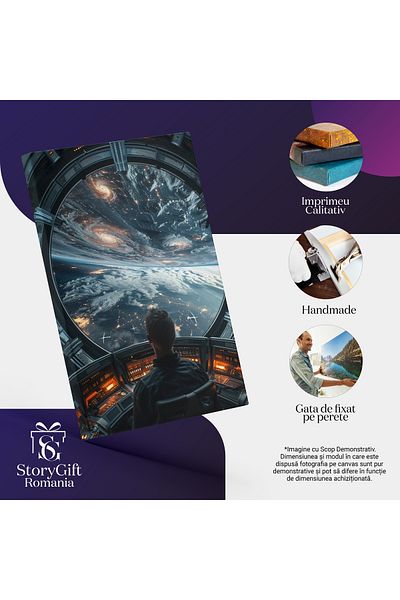 StoryGift Romania Tablou Canvas: Vedere Din Nava Spatiala, Om Comandant Care Priveste Trei Avioane Si Nori Pufos