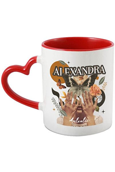 StoryGift Romania Cana Cu Numele Alexandra, Colaj Fata, Fluture, Flori, Cerc, 330ml, Ceramica cu M, Cu Maner Inim STG