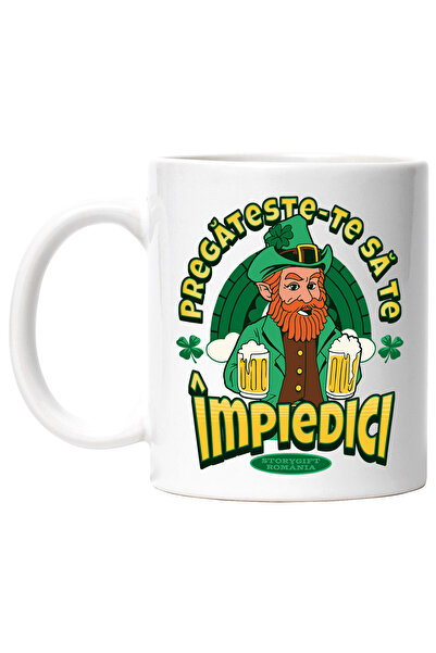 StoryGift Romania Cana Pregateste-te sa te impiedici ziua norocului bere, 330ml, Ceramic cu Maner , Cu Maner Alb STG