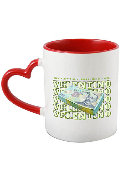 StoryGift Romania Cana __Valentino_ - 100 Lei Romanesti, 330ml, Ceramica cu Maner Inima Rosie, Cu Maner Inima Rosie