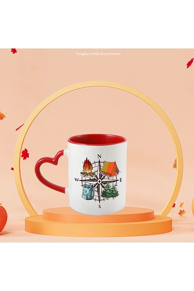 StoryGift Romania Mug with elements of a trip, fire, wood, tent, map, backpack, , With ,STG
